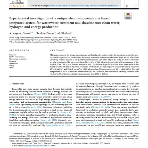 Mohammadali Khalvati - Experimental investigation of a unique electro-biomembrane based integrated system for wastewater treatment and simultaneous clean water, hydrogen and energy production pdf