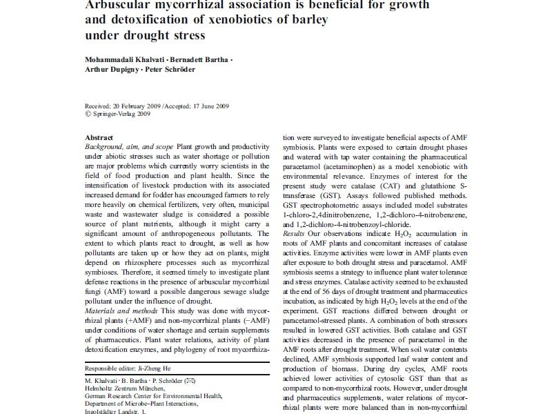 Arbuscular mycorrhizal association is beneficial for growth and detoxification of xenobiotics of barley under drought stress